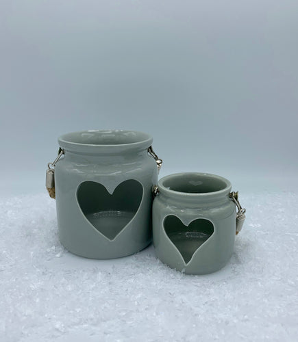 Grey Porcelain Heart Lantern with Rope Handle - 7cm