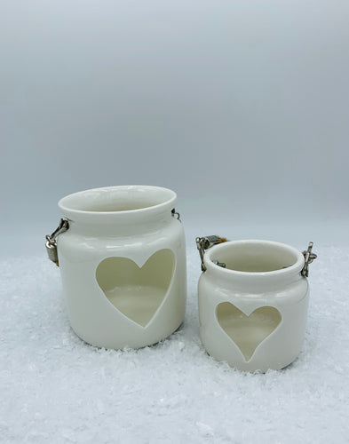White Porcelain Heart Lantern with Rope Handle -Large