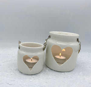 White Porcelain Heart Lantern with Rope Handle -Large