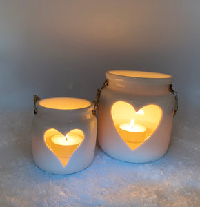 White Porcelain Heart Lantern with Rope Handle -Large