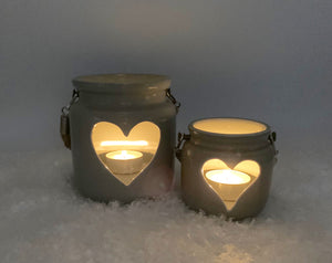 Grey Porcelain Heart Lantern with Rope Handle - 7cm