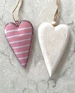White Wooden Heart and Pink Metal Heart Pair